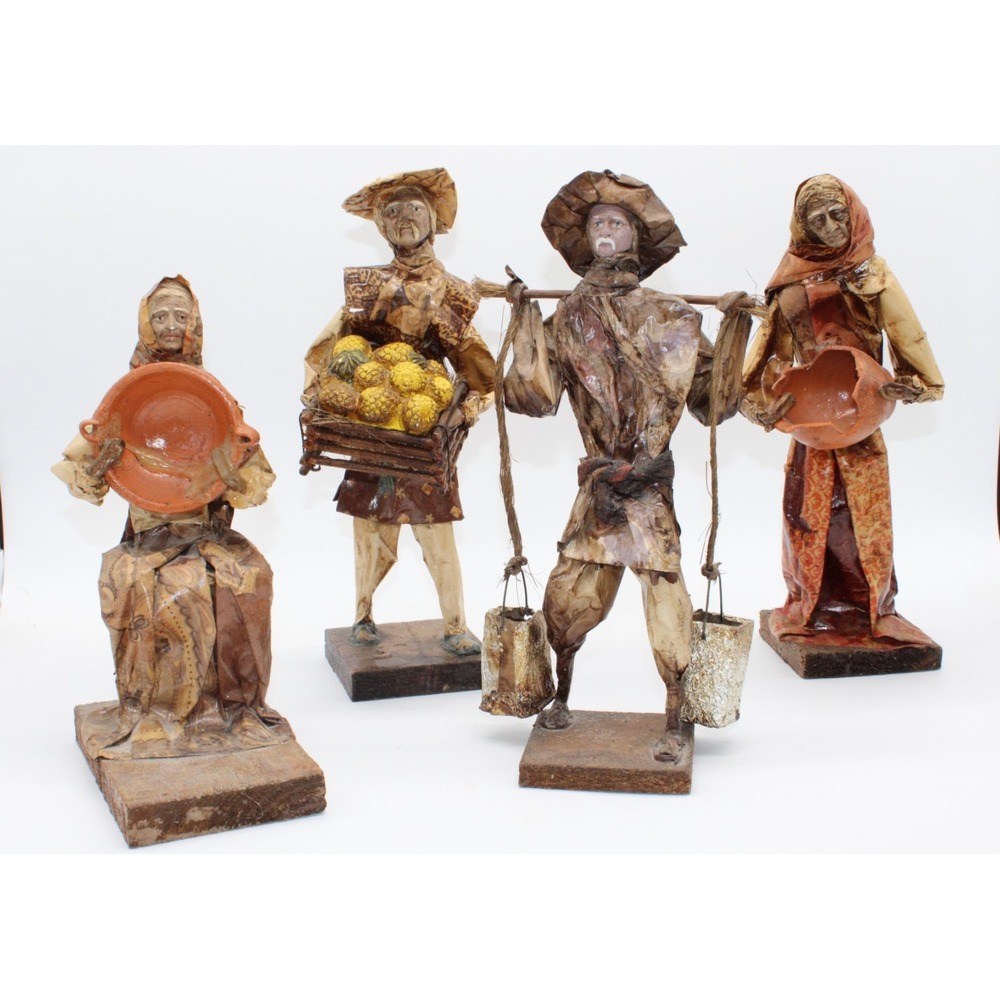 4 Mexican Folk Art VTG Paper Mache Figures Dolls Village Market People 10"-12"